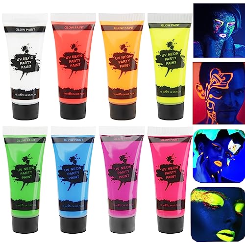 MEICOLY Glow UV Blacklight Face Paint,Neon Body Paint Set of 8 Tubes Blacklight Reactive Paints,Glow in the Dark Body Paint Neon Party Supplies,Neon Fluorescent Face Paint Blacklight Glow Makeup