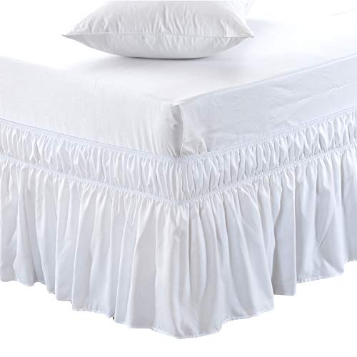 MEILA Wrap Around Bed Skirt Three Fabric Sides Elastic Dust Ruffled 18 Inch Tailored Drop,Easy to Install Fade Resistant-White, Queen/King