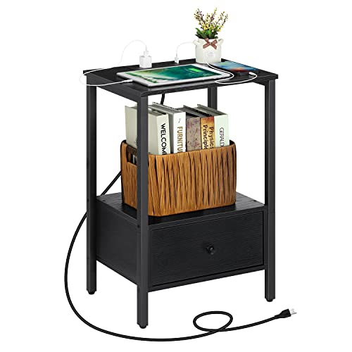Melos Side Table with USB Charging and Storage Shelf, Black