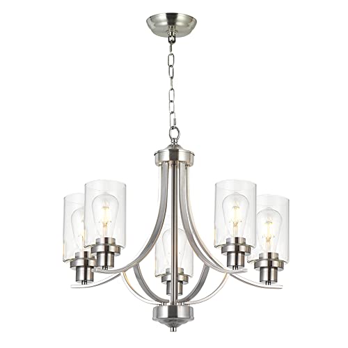 MELUCEE 5-Light Chandelier Brushed Nickel Foyer Light Fixtures with Clear Glass Shade