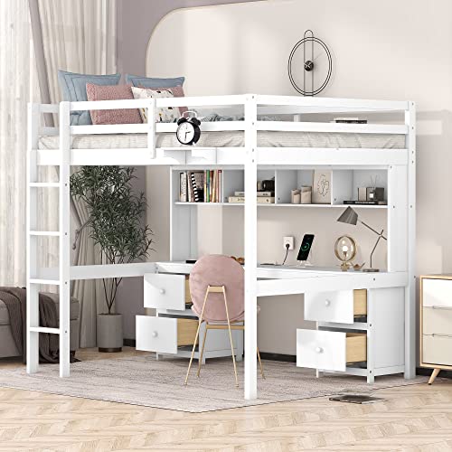 Merax Full Size Loft Bed with Desk and Storage