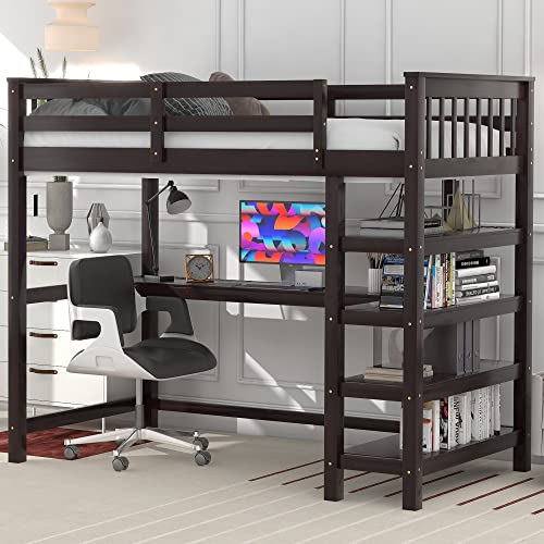 Merax Loft Bed with Storage Shelves, Desk | Solid Wood, Espresso