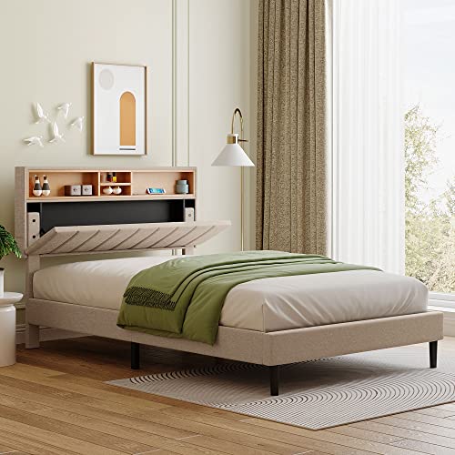 Merax Upholstered Bed Frame with Storage Headboard and USB Port