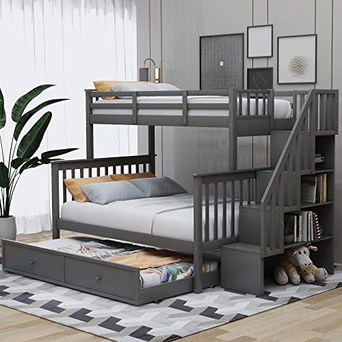 MERITLINE Twin Over Full Bunk Bed with Twin Size Trundle, Wooden Bunk Bed with Stairway, Storage and Guard Rail for Kids, Adults (Gray)