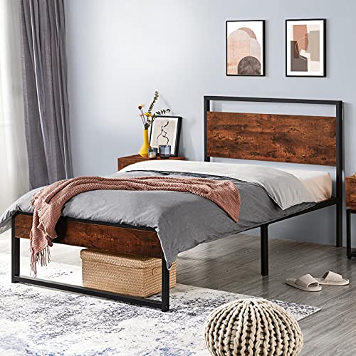 Metal Bed Frame with Wooden Headboard and Footboard