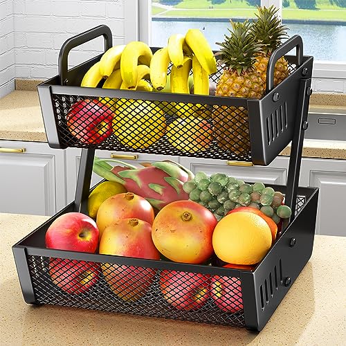 Metal Fruit Stand with Handle - 2 Tier Black