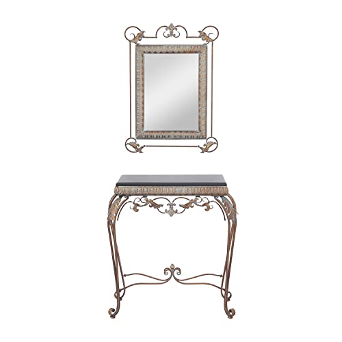 Metal Leaf Console Table with Mirror, Set of 2