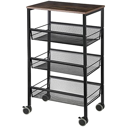 Metal Mesh Rolling Utility Cart with Wood Cover