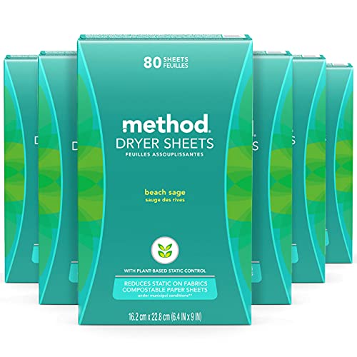 Method Dryer Sheets - Beach Sage, Fabric Softener and Static Reducer, 80 Count (Pack of 6)