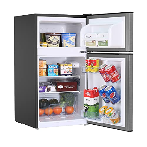 Frestec 3.2 Cu.Ft Stainless Steel Mini Fridge with Freezer and Low Noise