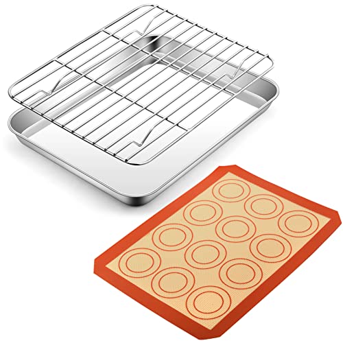 2PCS Small Stainless Steel Baking Sheets,Mini Cookie Sheets,Toaster Oven  Tray Pan & Rectangle Size 9 x 7 x 1 inch Non Toxic & Healthy,Superior  Mirror