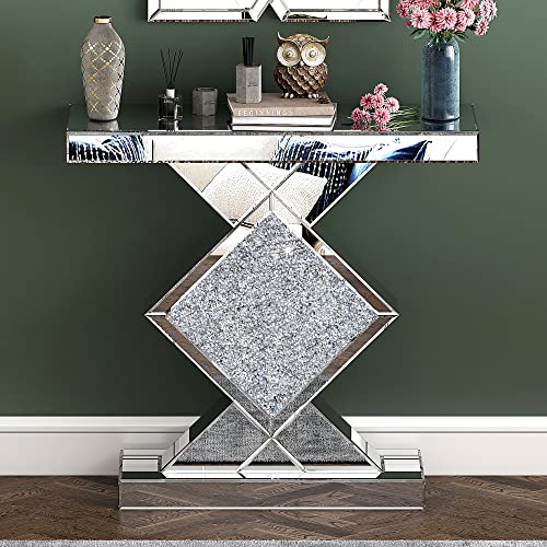 Mirrored Silver Console Table with Diamond Frame Design