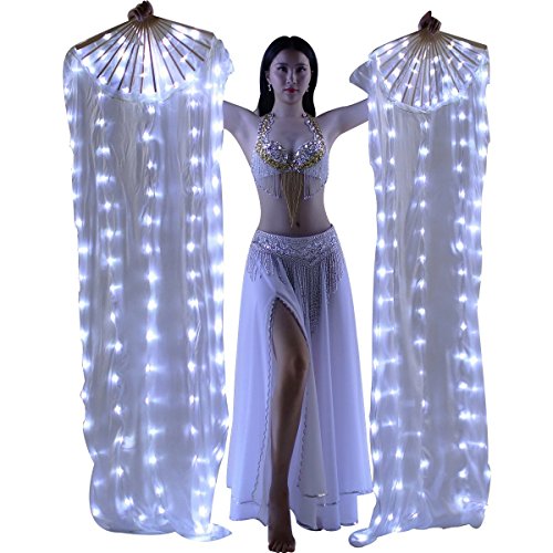 Bamboo Silk LED Belly Dance Fan Veil - 1.8 Long Handmade Pair (White)