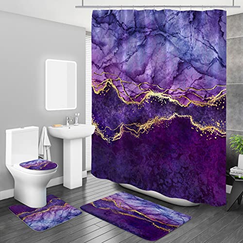 MitoVilla Purple Marble Shower Curtain Sets with Rugs