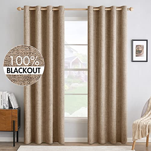 MIULEE 100% Blackout Linen Textured Curtains for Bedroom Solid Thermal Insulated Copper Brown Grommet Room Darkening Curtains & Drapes Luxury Decor for Living Room Nursery 52 x 84 Inch (2 Panels)