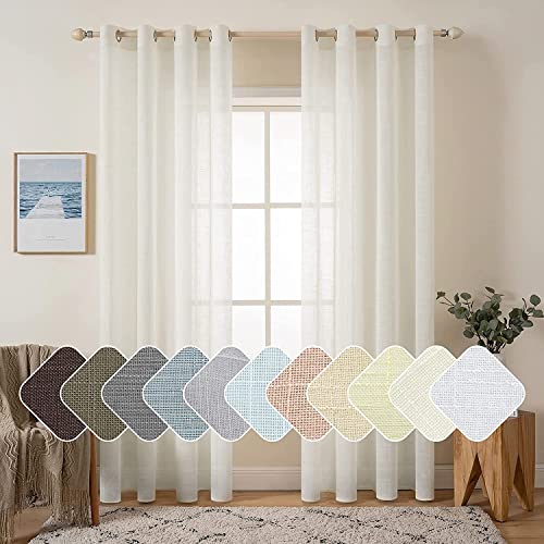 Ivory Linen Semi Sheer Grommet Top Window Curtains for Bedroom Living Room