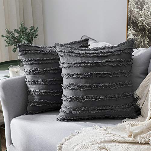 MIULEE Boho Linen Stripe Jacquard Pillow Covers 18x18 Dark Grey