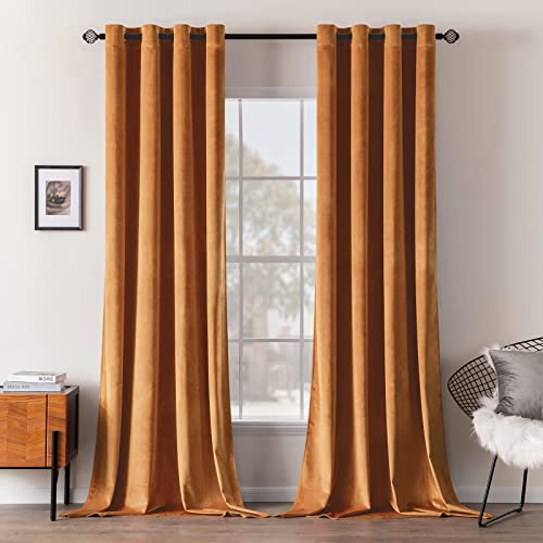 Gold Brown Velvet Grommet Curtains - Set of 2