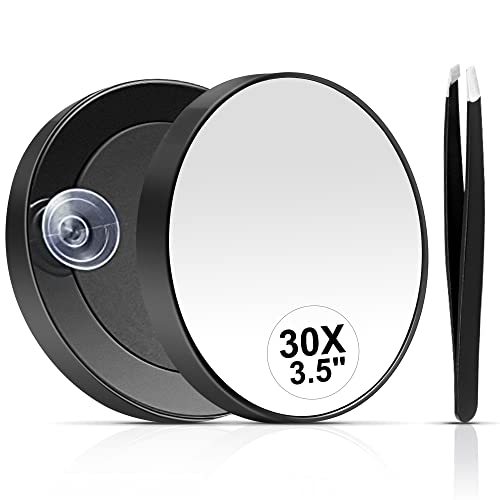 MIYADIVA 30X Compact Magnifying Mirror Set with Suction Cup and Tweezers