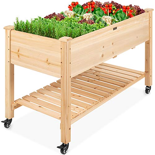 Mobile Elevated Wood Planter with Storage - Natural