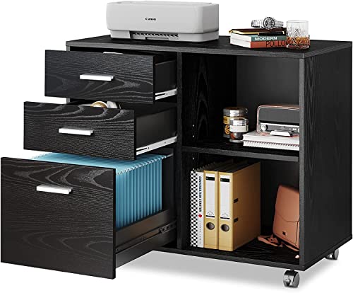 Mobile Lateral Filing Cabinet with Open Storage Shelves