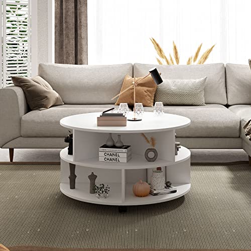 Modern 2-Tier White Coffee Table with Wheels for Living Room