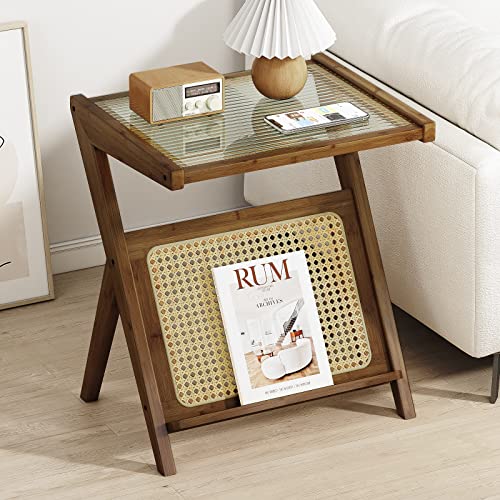 Modern Bamboo Side Table with Glass Top and Storage
