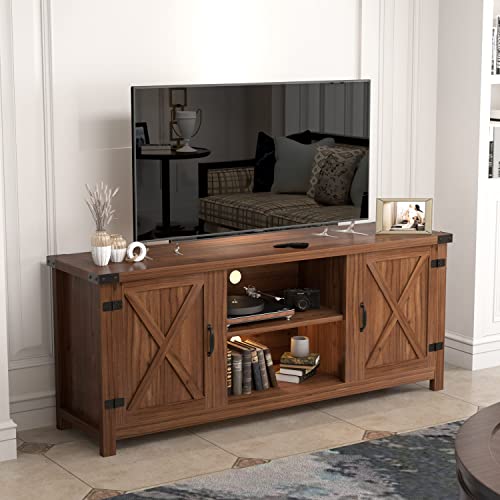 Modern Farmhouse TV Stand with Barn Doors and Storage Cabinets