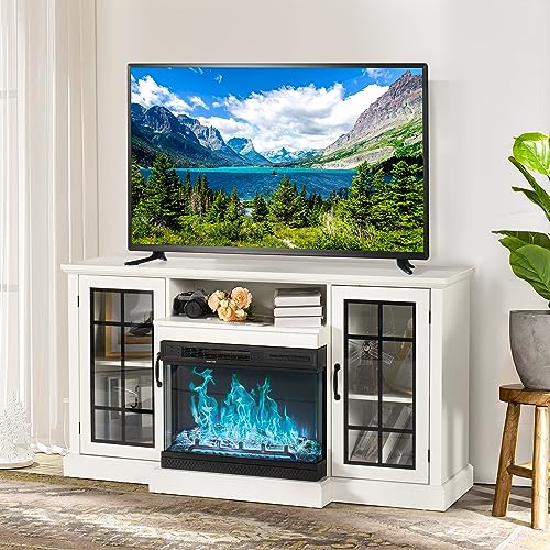 Modern Fireplace TV Stand with Storage Cabinet, White