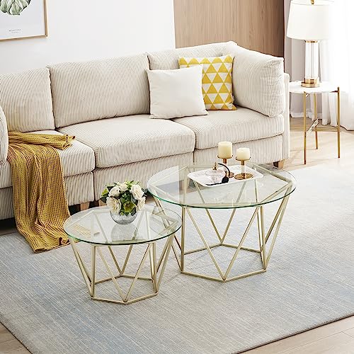 Modern Round Glass Gold Coffee Table Set