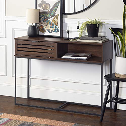 Modern Slatted Wood Entryway Accent Table with Drawer
