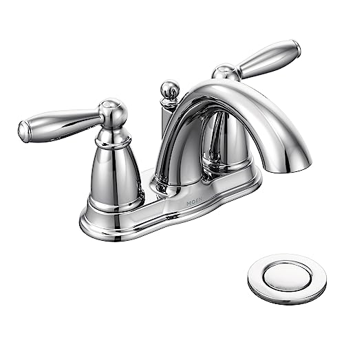 Moen Brantford Chrome Two-Handle Low-Arc Traditional Centerset Bathroom Faucet with Drain Assembly, 6610, 0.5
