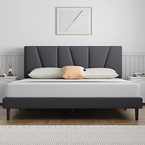 Dark Grey upholstered platform bed frame with strong wooden slats, easy assembly