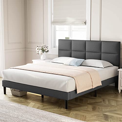 Molblly Queen Bed Frame Upholstered Platform with Headboard, Strong Frame and Wooden Slats Support, Linen Fabric Wrap, Non-Slip and Noise-Free,No Box Spring Needed, Easy Assembly, Dark Grey
