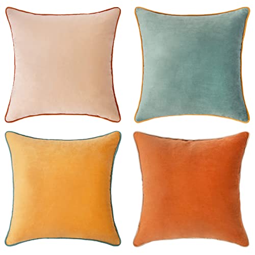 Modern Double-Sided Velvet Pillow Covers in Orange/Teal (Set of 4)