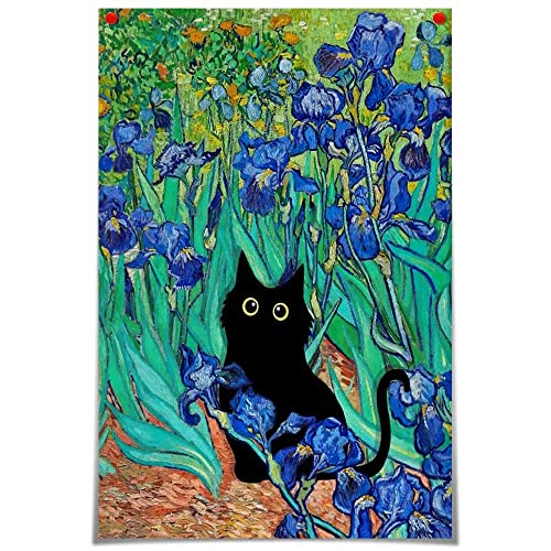Monet Black Cat Oil Painting Print - VanGogh Irises, 12x16in