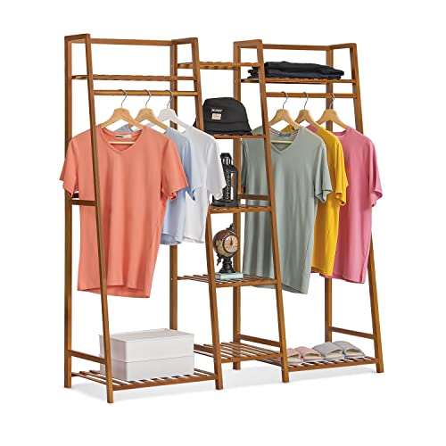 MoNiBloom Bamboo Double Rod Clothes Rack with Storage Shelves, Brown