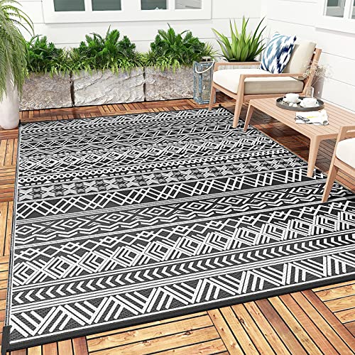 RURALITY Outdoor Rug 8'x10' for Patios Clearance,Waterproof Indoor Outdoor  Mats for Camping,Beach,RV,Porch,Picnic,Reversible,Black and White,Check