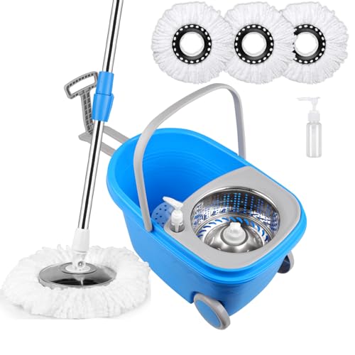 Mop and Bucket with Wringer Set, 3 Washable Microfiber Pads Included for Floor Cleaning, Adjustable Stainless Steel Handle, Easy Moving with Wheels, Blue