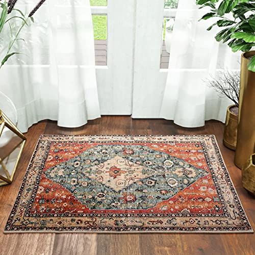 Morebes Tribal Entryway 2x3 Washable Rubber Backed Boho Rug in Rust/Multi