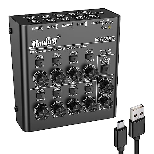 Moukey Audio Mixer Line Mixer, 8-Channel for Sub-Mixing