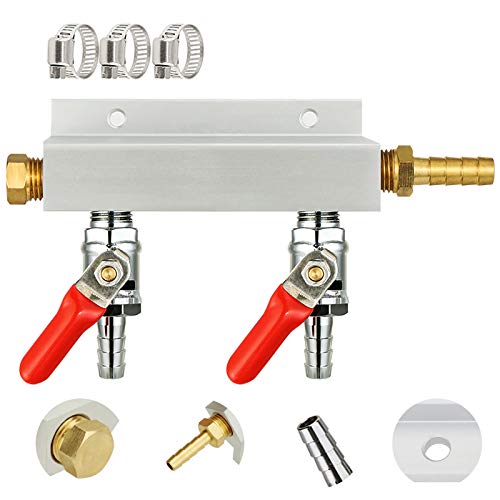 MRbrew Gas Manifold, CO2 Gas Distributor, 5/16'' Barb Fitting Beer Kegerator Splitter, 2-Way Air Distributor with Integrated Check Valves & Hose Clamps