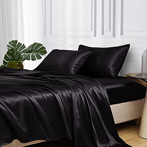 MR&HM Queen Size Satin Bed Sheet Set in Black