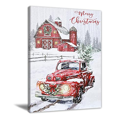 Christmas Snow Scene Farmhouse Wall Art - Red Truck