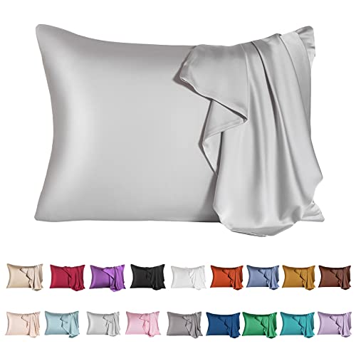 Mulberry Silk Pillowcase for Hair and Skin,King Size Cooling Silk Pillow Case with Hidden Zipper,Allergen Proof Dual Sides Soft Breathable Smooth Silk Pillow Cover for Women(King,Light Gray)