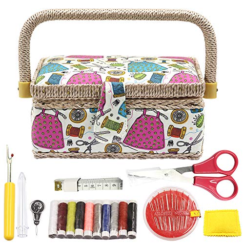 Multicolored Sewing Basket with Sewing Kit