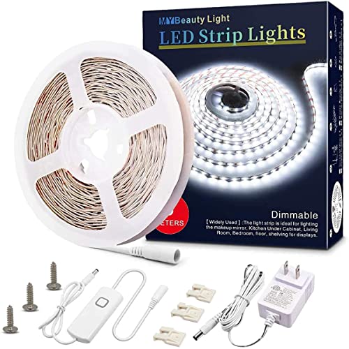 MY BEAUTY LIGHT White LED Strip Lights,16.4ft Dimmable LED Light Strip with Memory Function,300 Bright 6500K 2835 LEDs,Strong Adhesive 12v Flexible LED Rope Lights for Kitchen Cabinet Mirror Bedroom