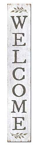 My Word! Welcome White W/Sprig Welcome Sign and porch leaner for Front Door, Porch, Yard, Deck, Patio, or Wall - Indoor Outdoor Decorative Farmhouse Rustic Vertical Home Decor – 8”x46.5”