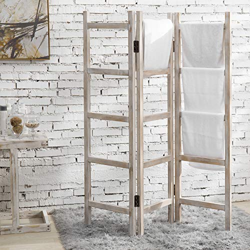 MyGift 3-Panel Vintage Whitewashed Wood Ladder Style Blanket & Towel Rack