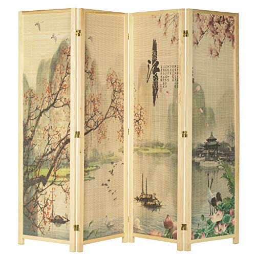 MyGift 4-Panel Asian-Inspired Bamboo-Screen Cherry Blossom Scene Room Divider